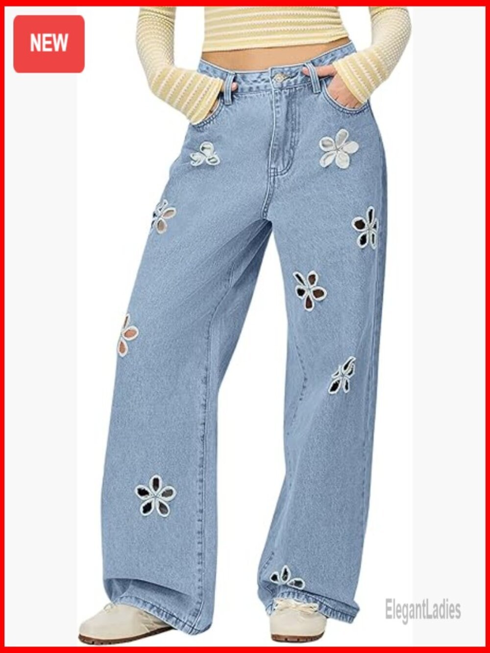 Mid Rise Wide Leg Denim Jeans with Hollow Out Flower Design, Barrel Fit